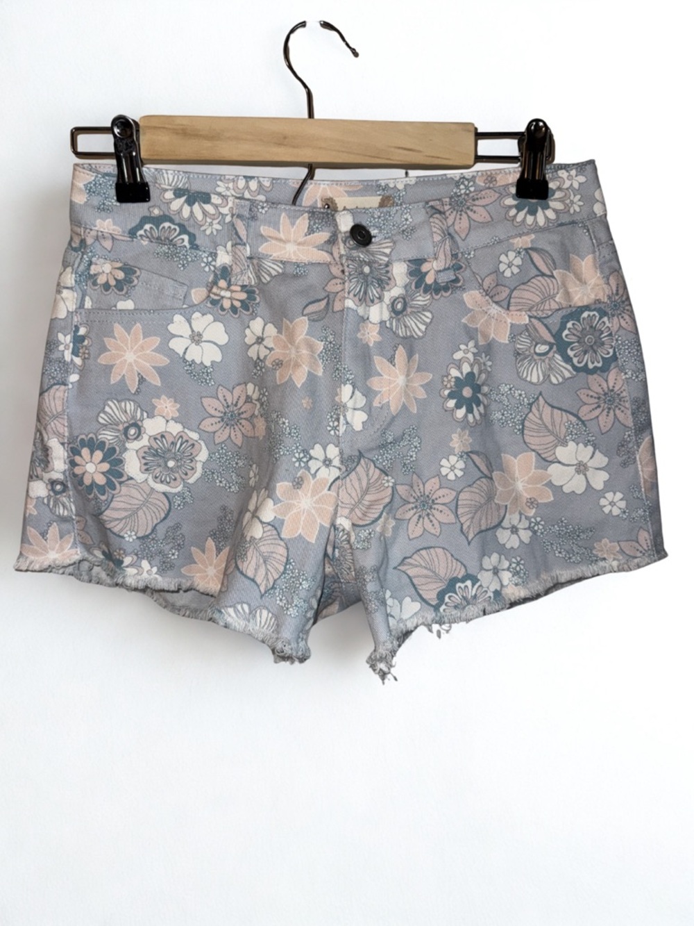 Altar'd State Blue Floral Denim Shorts with Soft Pink Blooms